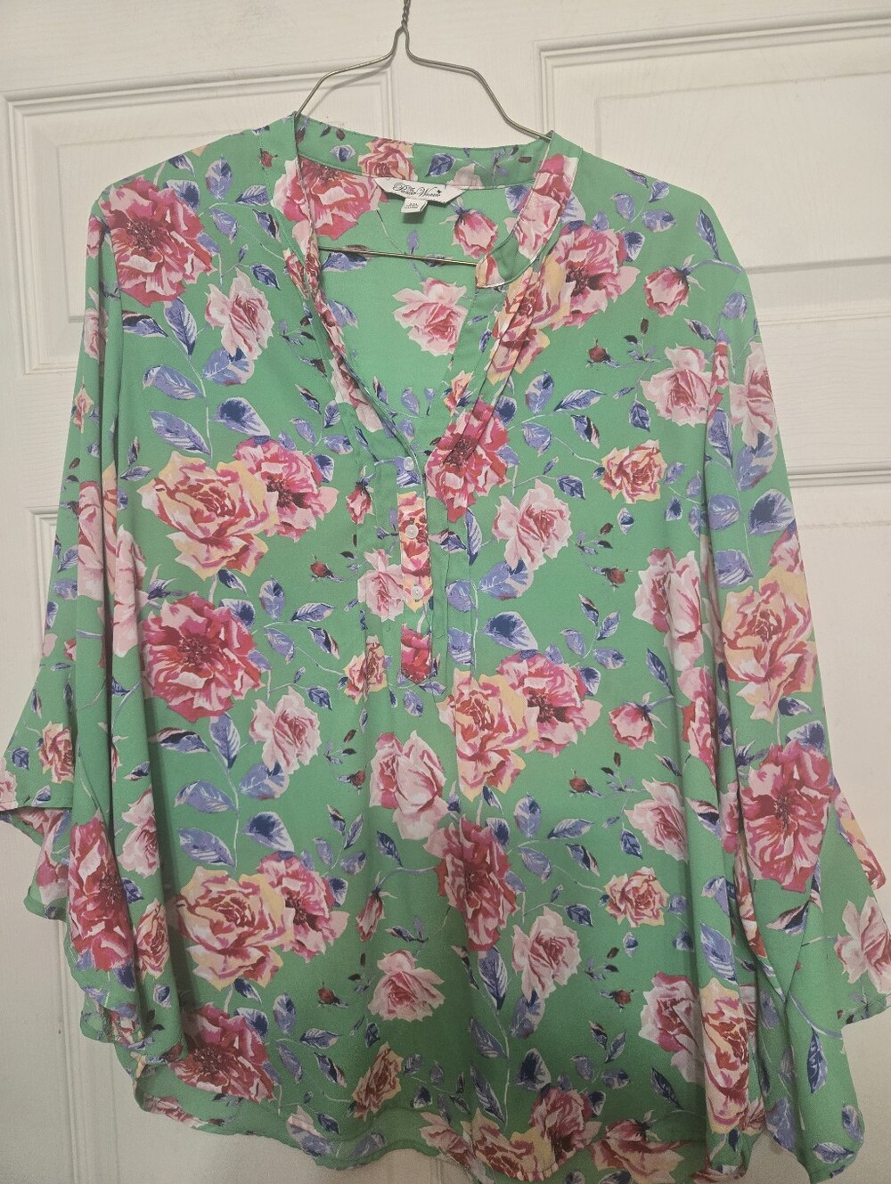 Pioneer Woman Floral Split-Neck Blouse in Green - Women's Top